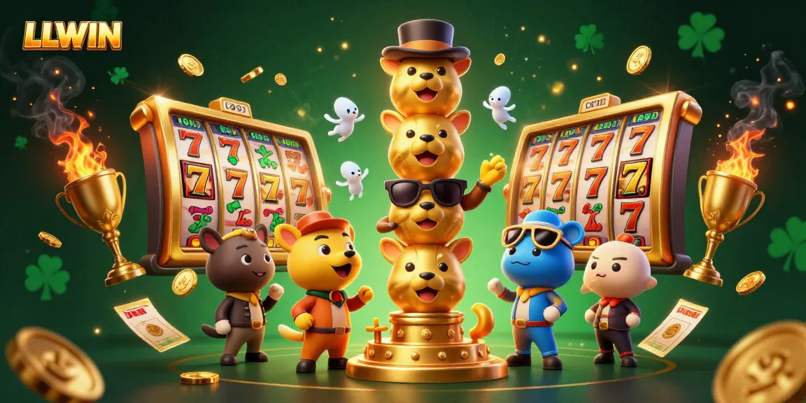 Experience LLWIN's vibrant slot game action with a lively golden totem and dynamic casino elements.