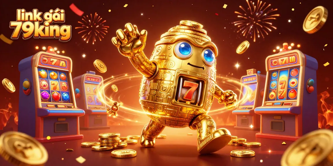 Spin and win at link vào 79king with a dynamic scene featuring a golden golem and vibrant slot machines.