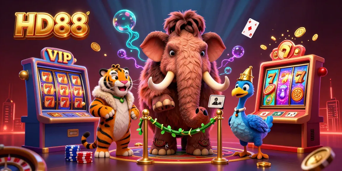 HD88 presents an energetic scene with a mammoth bouncer and tiger VIP at a vibrant casino.