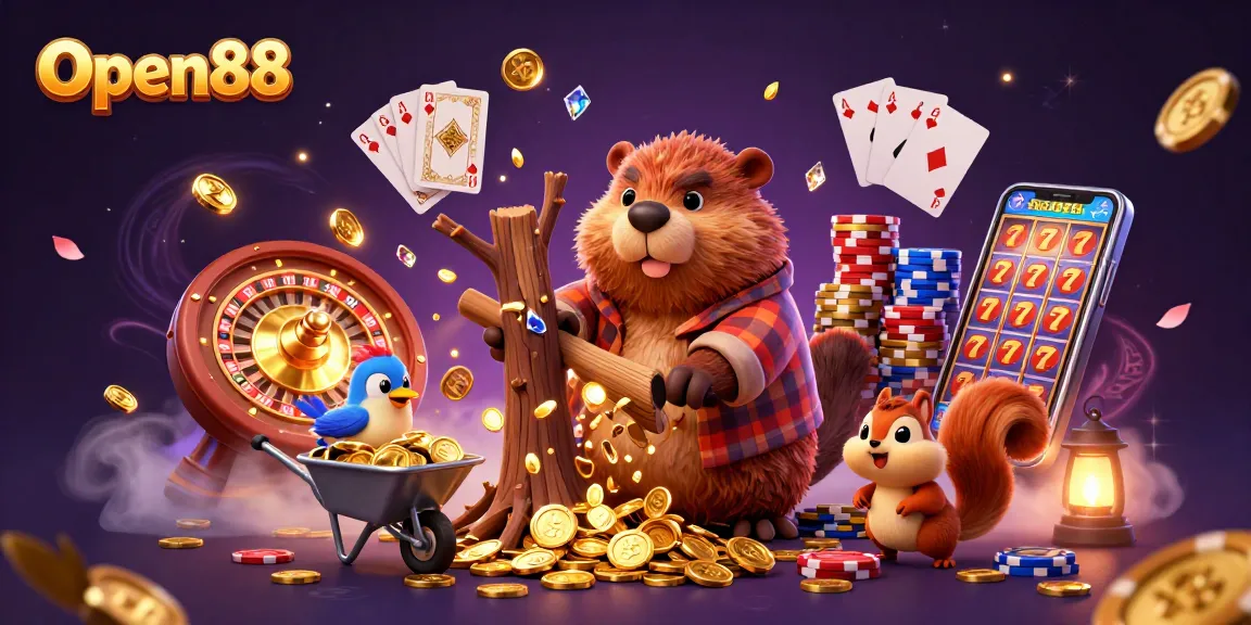 Collect coins with Open88 in a vibrant casino scene showcasing gold coins, roulette, and poker elements.