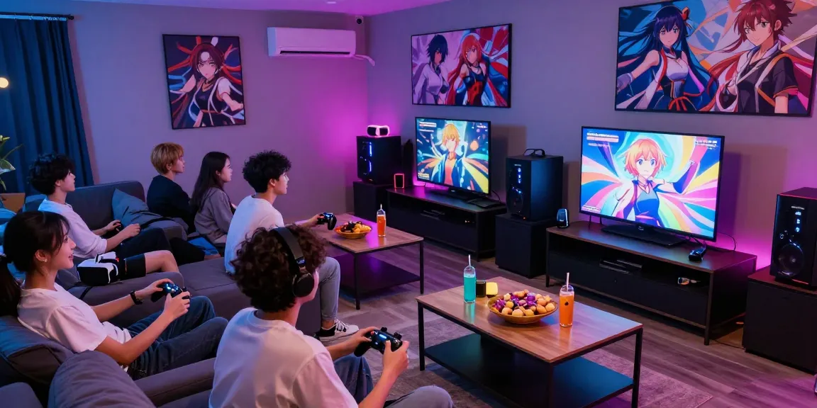 Players enjoying hentaigames together in a colorful gaming lounge.