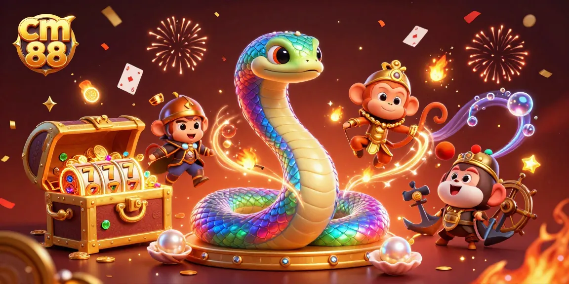 Engage with cm 88's vibrant casino scene featuring a rainbow serpent and festive game elements.