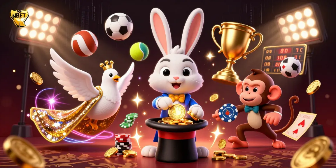 Experience thrilling sports betting action with NBET's magical illustration featuring vibrant characters and dynamic elements.