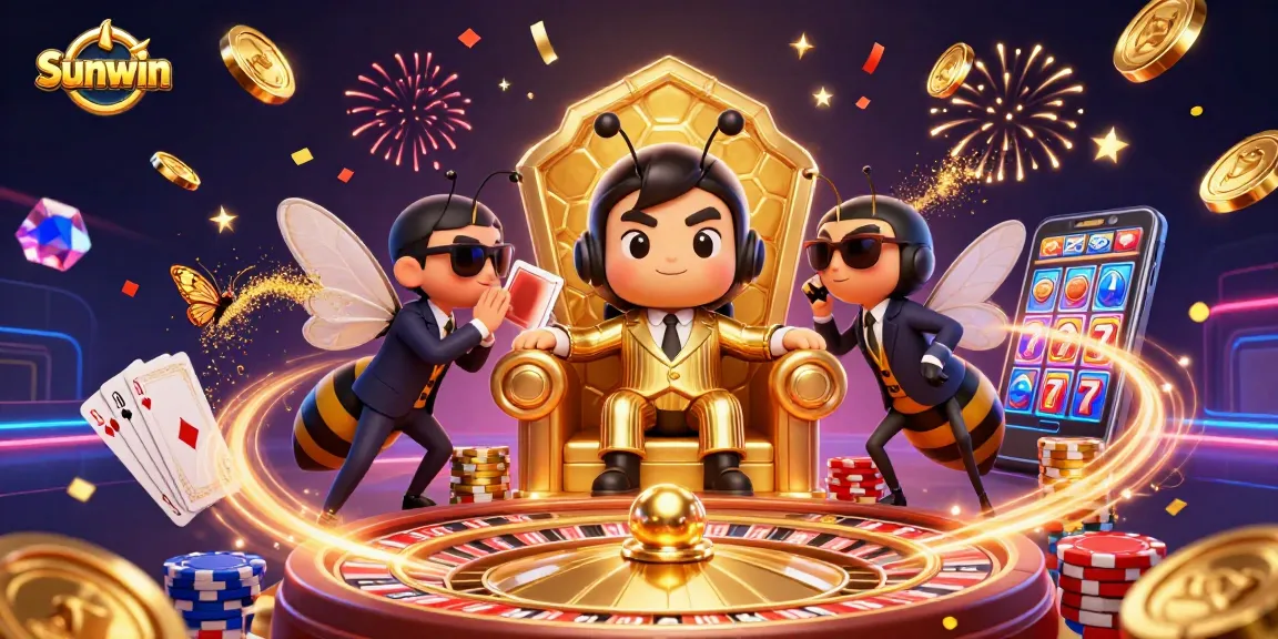 Experience Sunwin's gaming excitement with our bumblebee mob boss surrounded by dazzling casino elements.