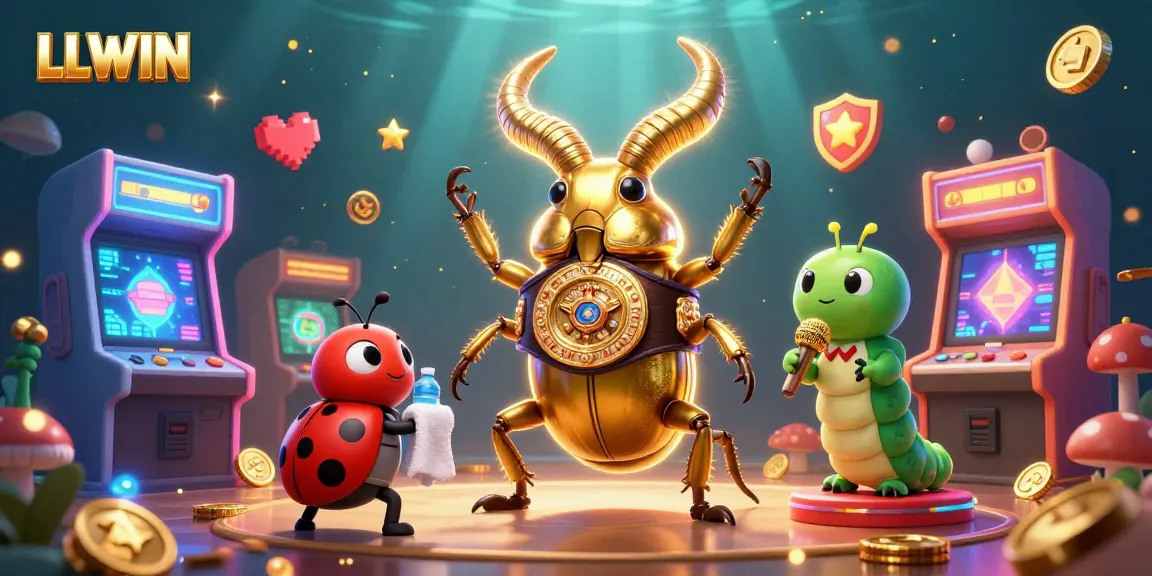 LLWIN showcases lively casino action with a golden stag beetle champion among game elements.