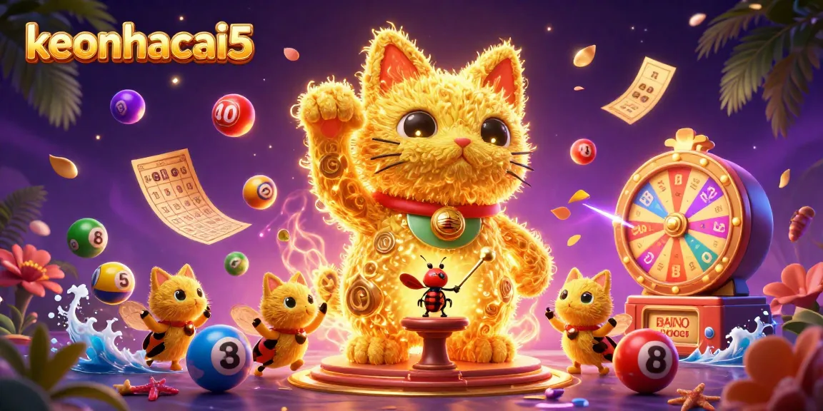 Experience the excitement of keonhacai5 with dynamic lottery balls and a golden lucky cat illustration.