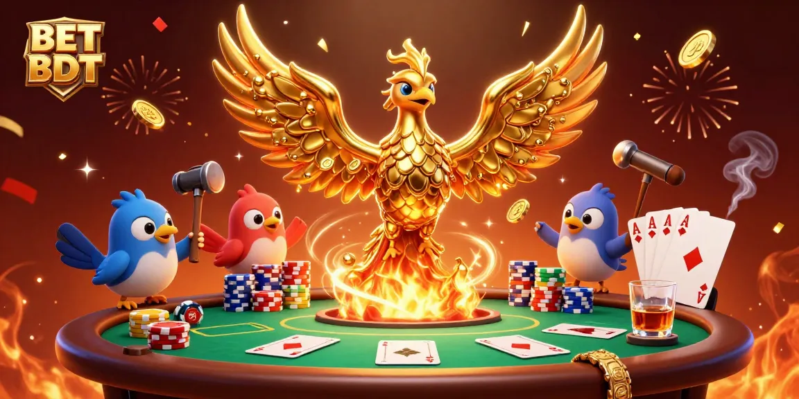 Experience high stakes with BET BDT as a molten phoenix and poker elements ignite your gaming passion.