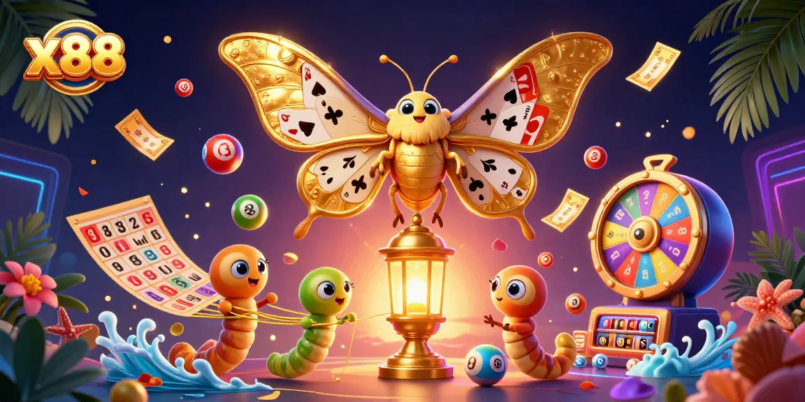 Engage with x88's thrilling gaming world featuring vibrant lottery balls, golden tickets, and a dazzling moth.