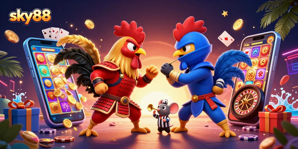 Engage in epic battles with sky88’s thrilling gaming adventures featuring roosters and casino elements.