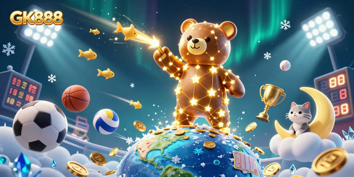 Bet on GK888 as the constellation bear scoops coins in a vibrant casino atmosphere.