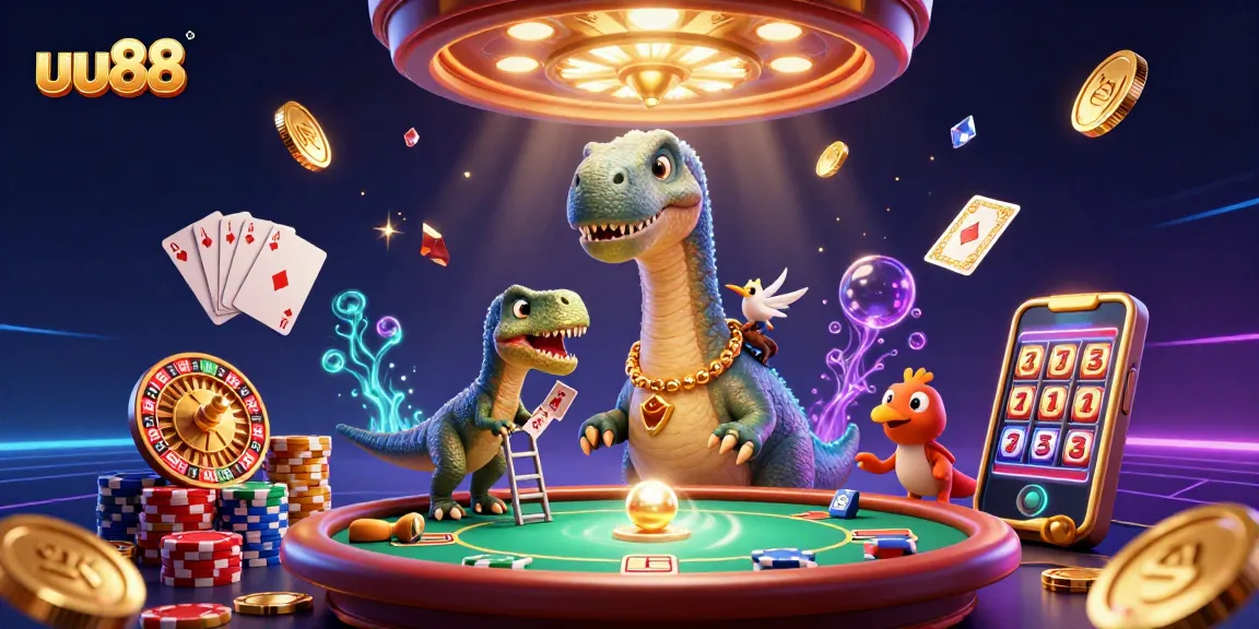 uu88 challenges players with giant dinosaur-themed casino games showcasing vibrant cards and coins.