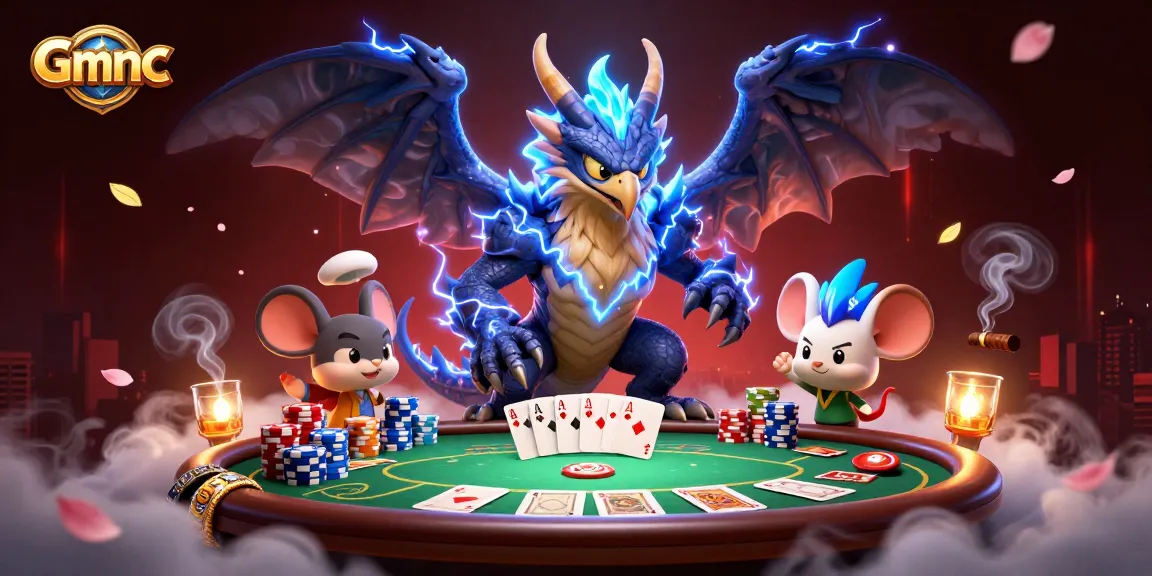 Experience dynamic poker action at Gmnc with an electric dragon and vibrant characters.