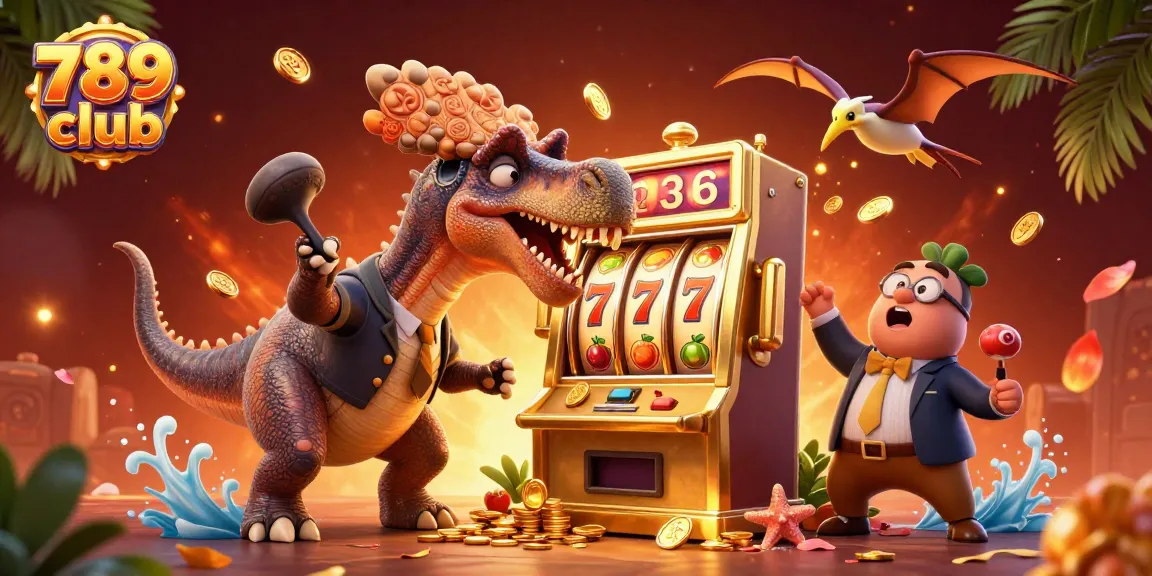 Experience the thrill of the 789 club with cartoon dinosaurs at a lively casino scene.