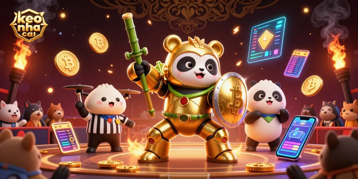 Experience thrilling keo nha cai action with a golden panda piloting a fighting robot in a vibrant arena.