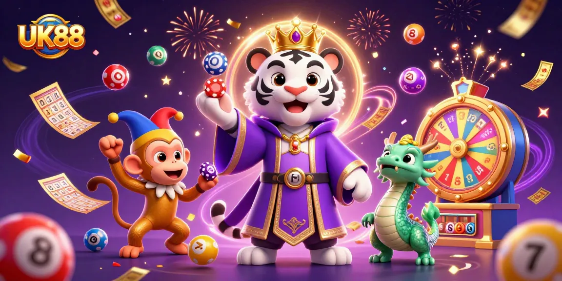Engage with UK88's vibrant casino world, featuring energetic characters celebrating gaming adventures.