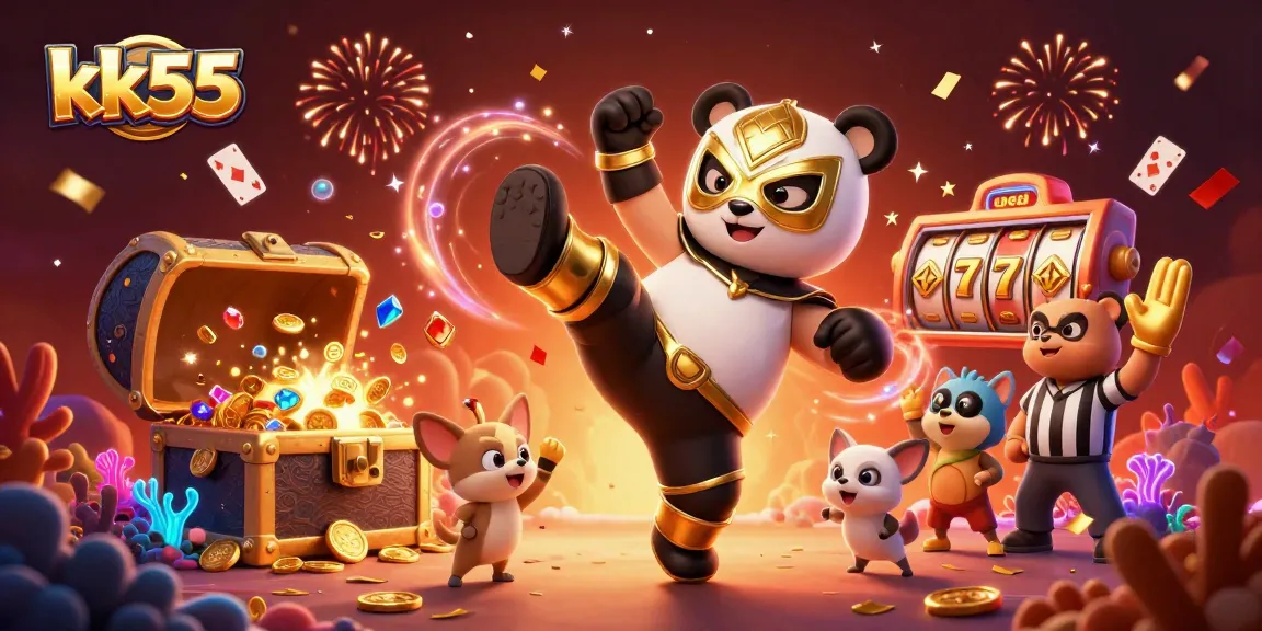 Experience thrilling gameplay at kk55 with a golden lucha libre panda kicking it up among dazzling casino elements.