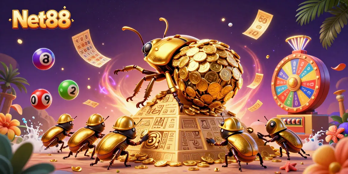 Net88 promotes excitement with vibrant symbols and golden coins in a dynamic casino scene.
