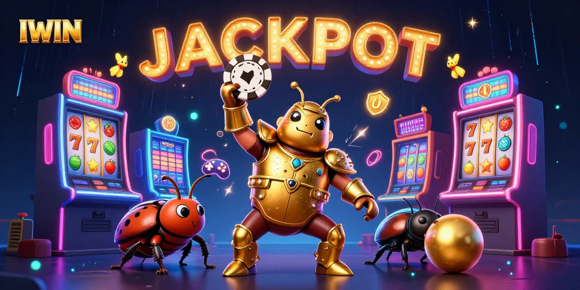 IWIN slots illustration with victory beetle characters and glowing casino elements for a vibrant gaming atmosphere