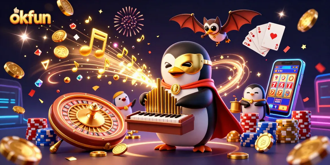 Experience excitement at okfun with a vibrant casino scene featuring a penguin playing golden tunes while gaming elements burst around.