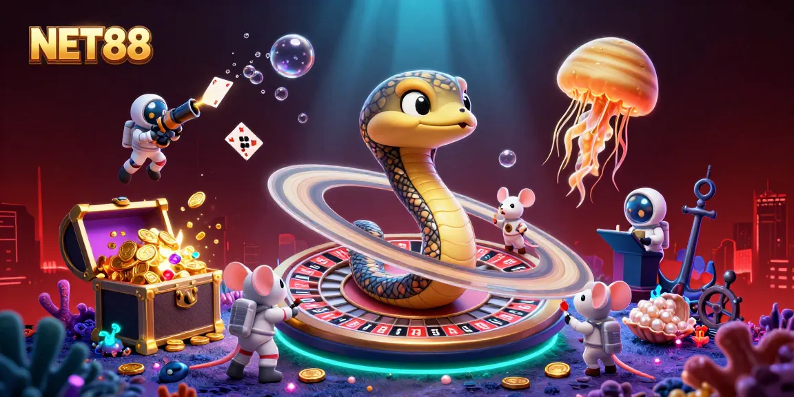 Experience NET88 betting excitement with astronaut mice wagering on a cosmic roulette wheel.