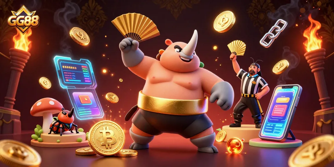 GG88 betting champions in a lively casino scene with flying coins and vibrant energy