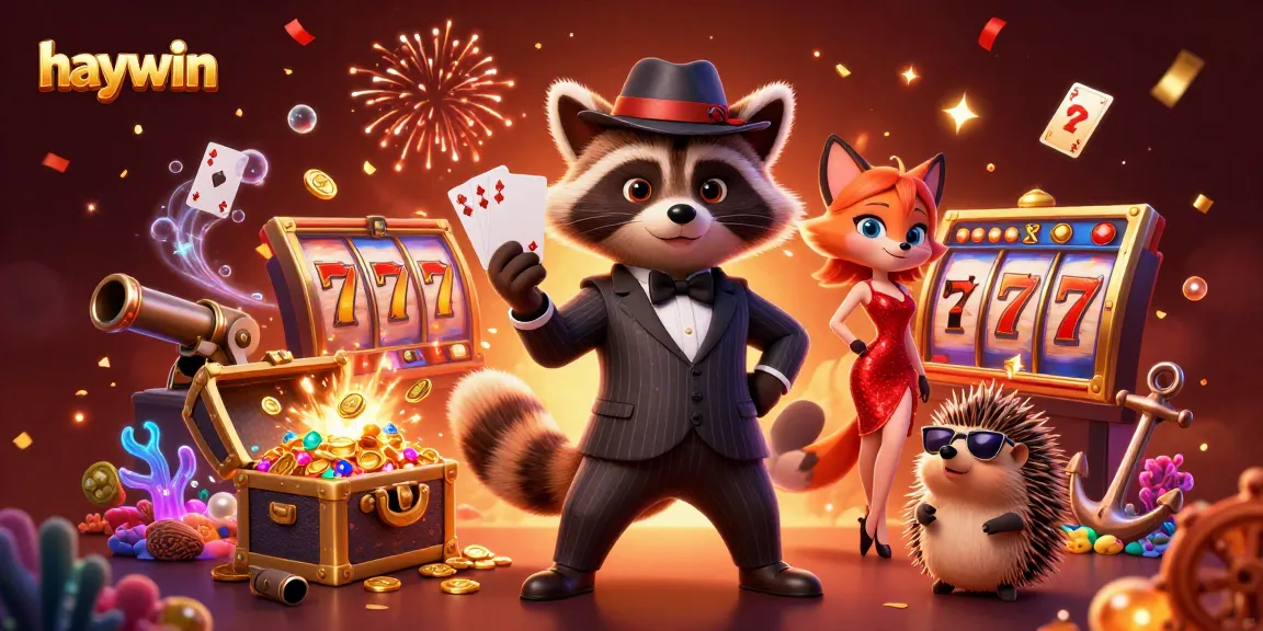 Experience thrilling slots at haywin casino featuring raccoon, fox, and hedgehog characters in a vibrant scene.