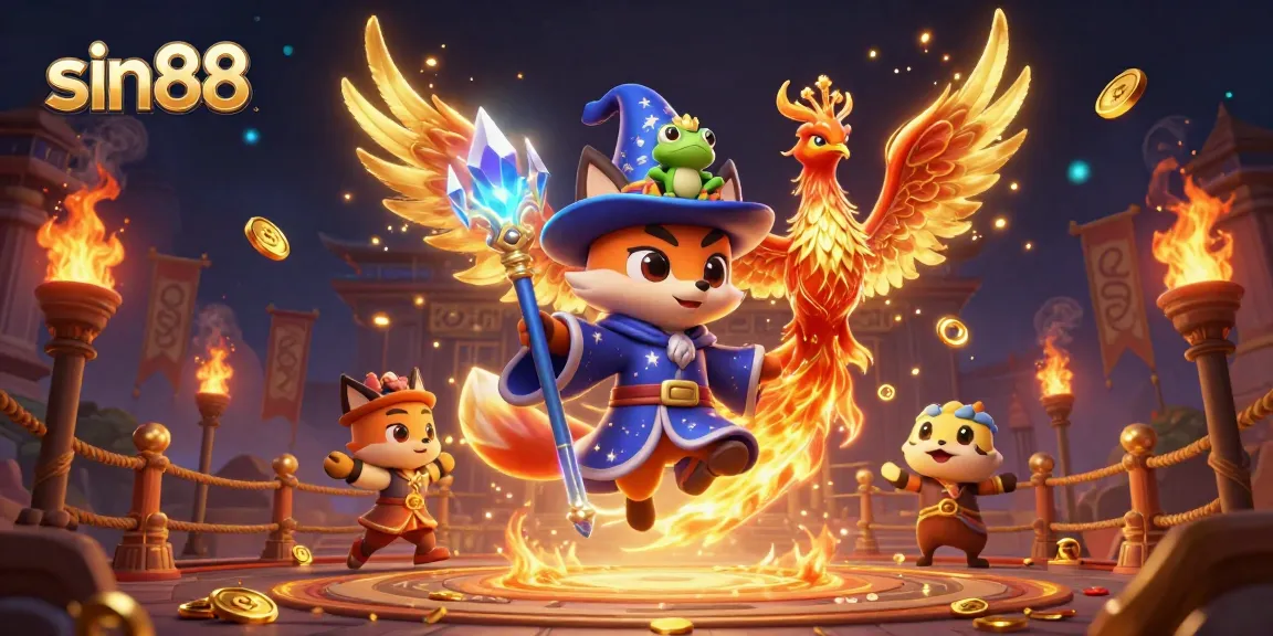 sin88 features a mystical fox and phoenix in a dynamic casino illustration filled with gold coins and flames.