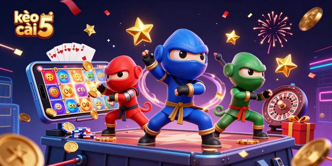 Engage with kèo nhà cái 5 through a vibrant 3D casino scene showcasing ninjas and dynamic gaming elements.
