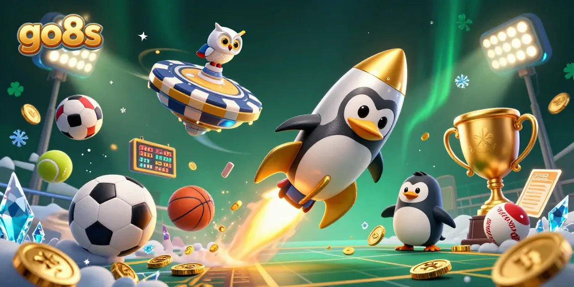 Experience go8s with a vibrant casino adventure featuring a golden penguin and dynamic sports elements.