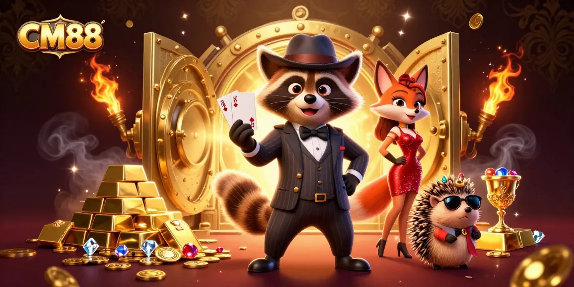 Experience the thrill of CM88 with a raccoon in a suit, a glamorous fox, and a hedgehog bouncer in a luxurious casino setting.