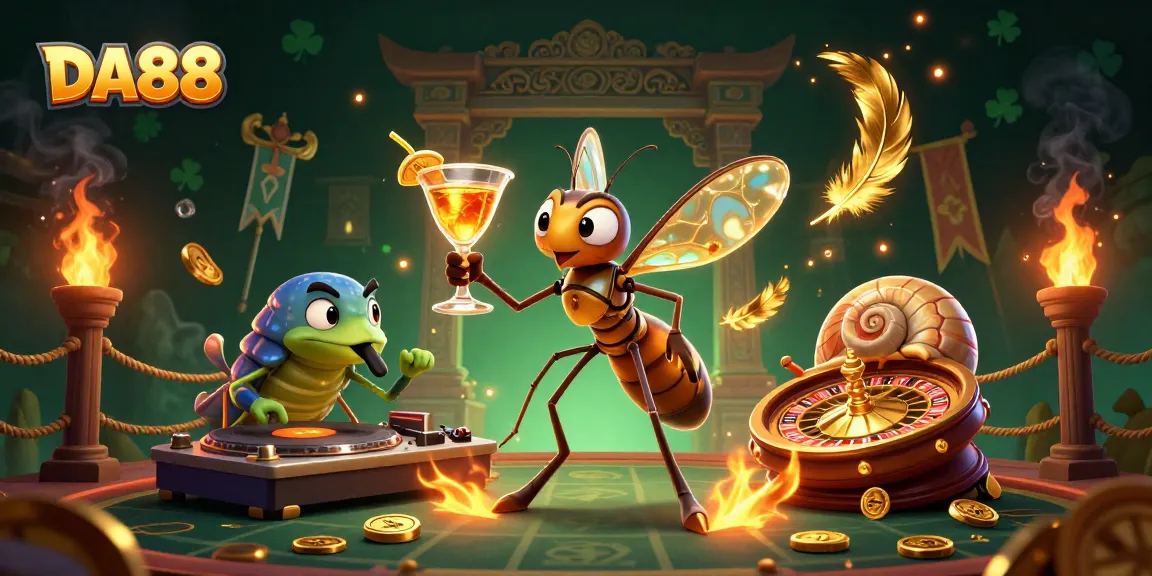 Engage with DA88’s captivating casino artwork featuring a lively mosquito mascot and trilobite DJ in action.