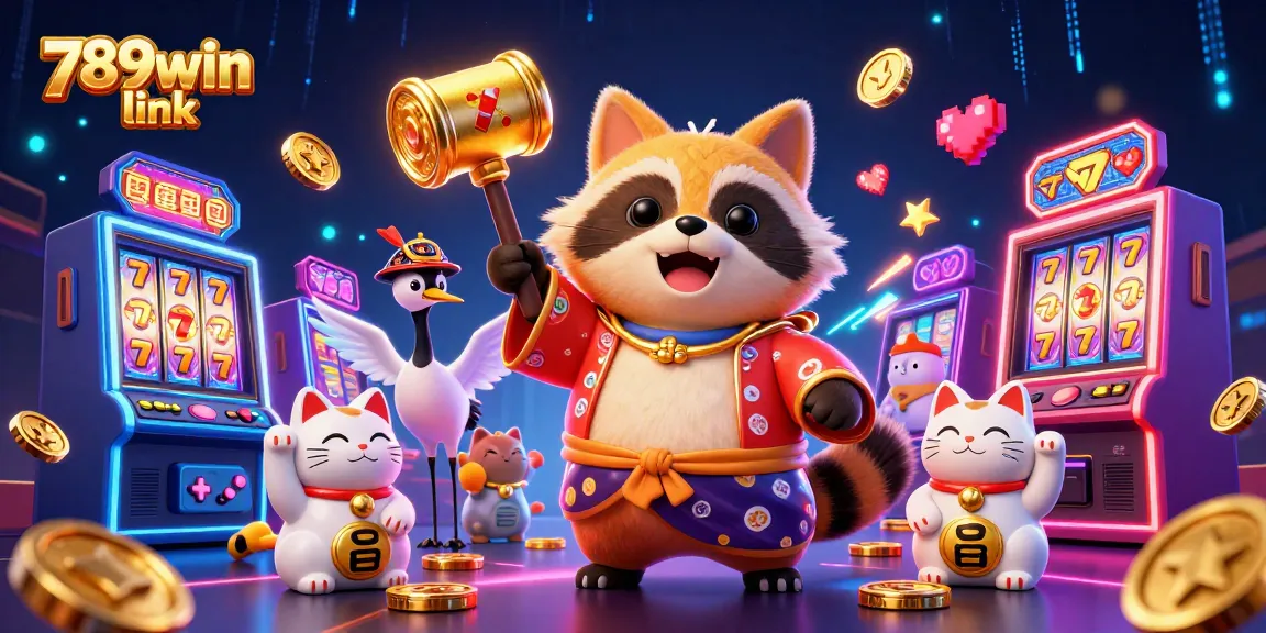 Engage in thrilling gaming vibes with the 789win link, as the cheerful tanuki celebrates next to colorful slot machines and lucky symbols.