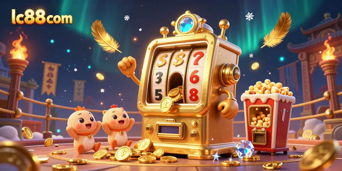 Witness lc88 com's vibrant jackpot celebration with a golden slot machine showering coins amidst cheering characters and dynamic effects.