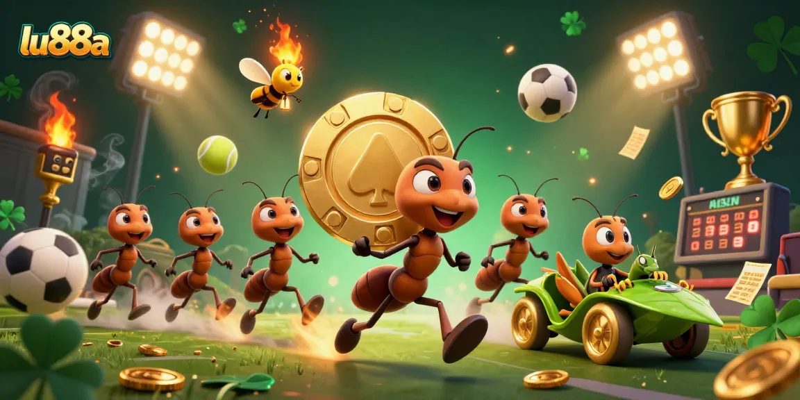 Lu88a ants executing a heist with golden poker chip, dynamic sports elements swirl around.