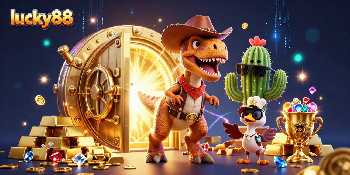 Experience thrilling gameplay with lucky88 in this vibrant cartoon-style illustration featuring a T-Rex and treasures.