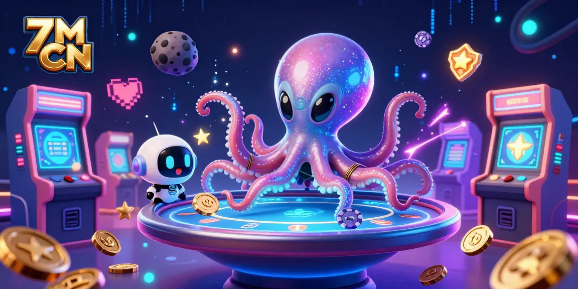 7M CN showcases a vibrant 3D scene with an alien octopus at a poker table, enhanced by lively gaming elements.