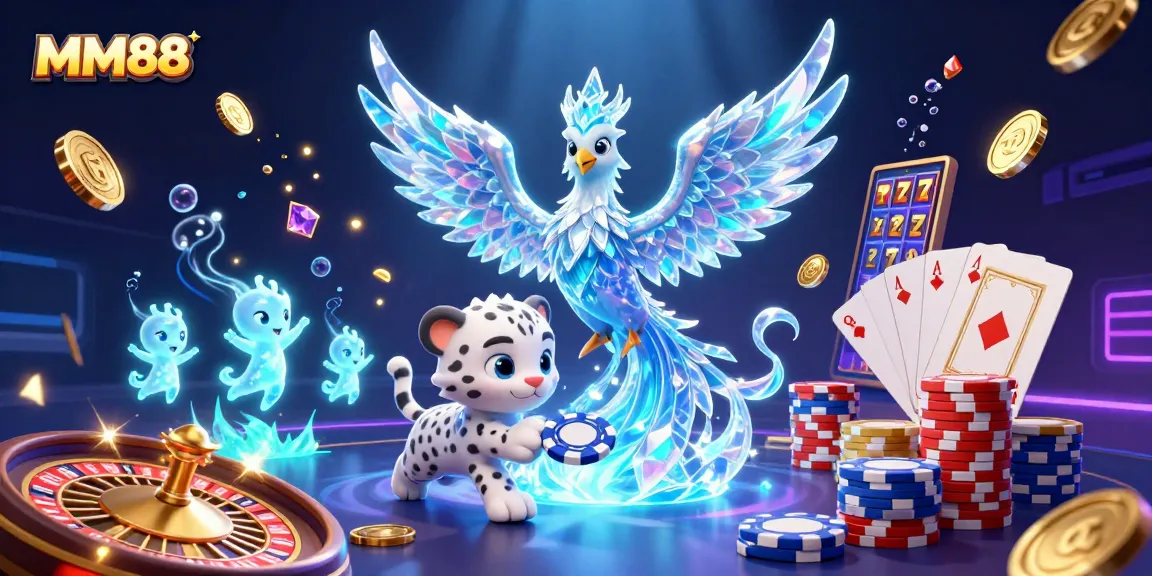 Engage with the thrilling world of MM88, featuring a captivating ice phoenix, poker action, and dazzling casino elements.