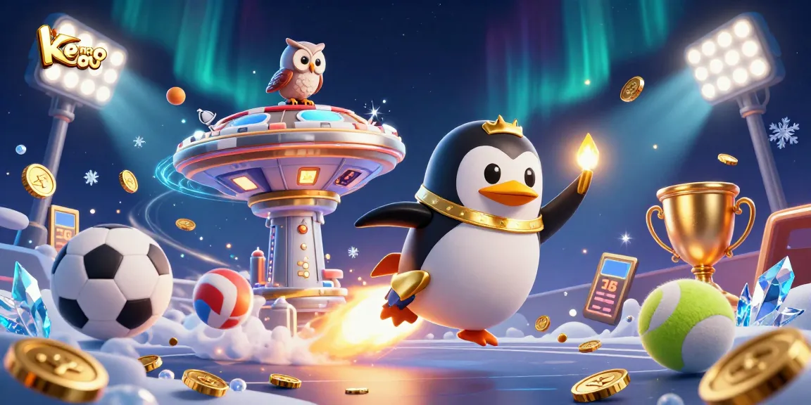 Bettors experience thrilling action in a dynamic 3D scene featuring keo nha cai and sports elements, including a golden penguin in space with betting slips and trophies.