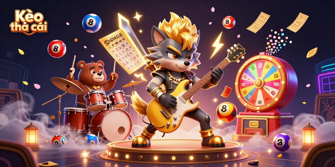 Kèo nhà cái illustration featuring a rock star wolf and drummer bear on a vibrant casino stage