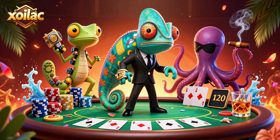 Experience the thrill of xoilac with our unique cartoon illustration featuring colorful casino elements.