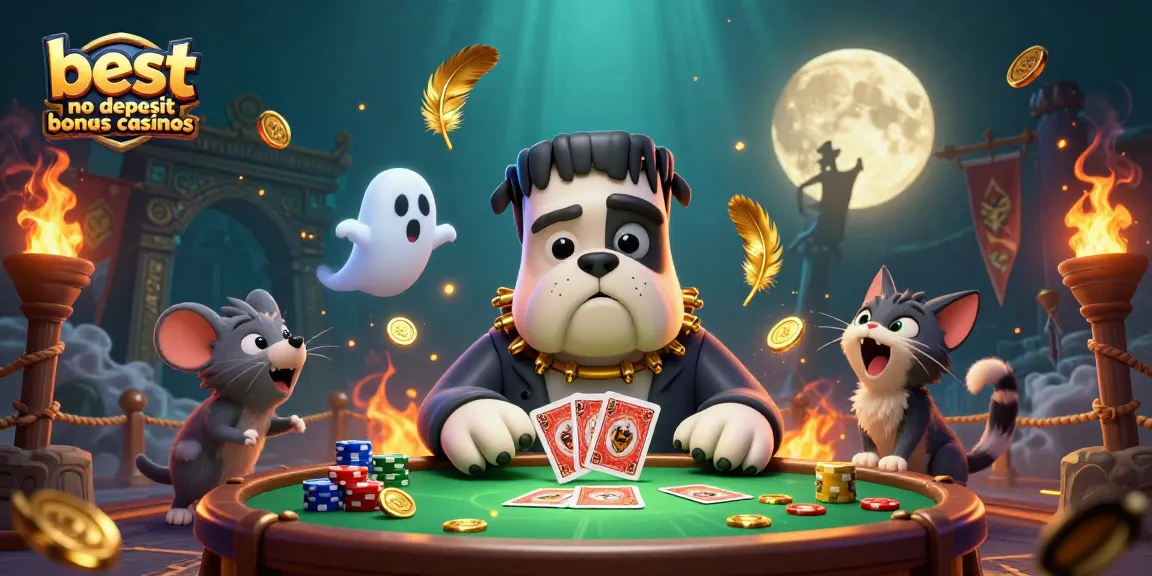 Discover the best no deposit bonus casinos featuring a Frankenstein bulldog and more in a vibrant scene.