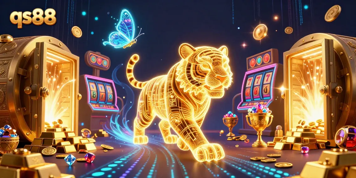 Experience the vibrant world of qs88, where the golden tiger prowls a dazzling digital casino filled with treasures.