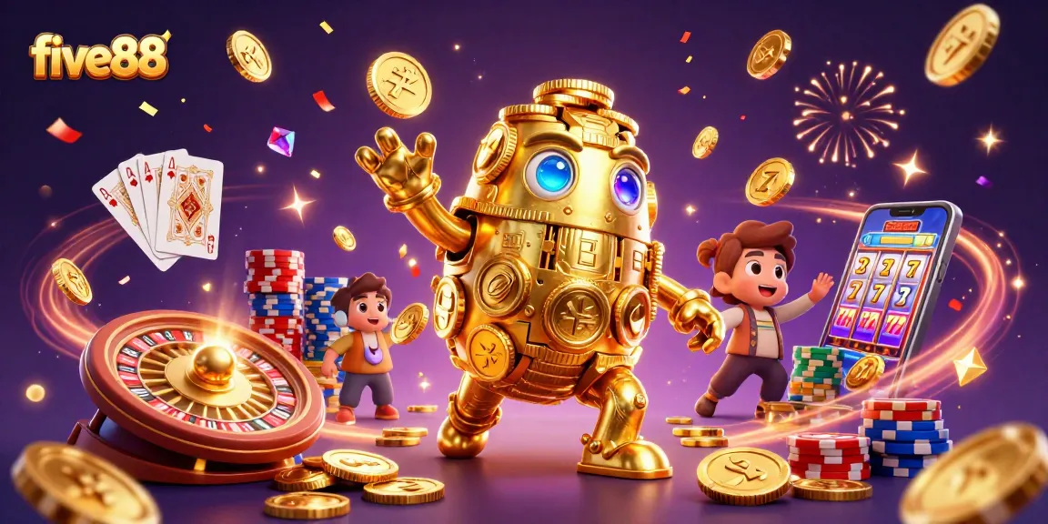 Engage with the vibrant five88 casino scene featuring golden golem, coins, and playing cards.