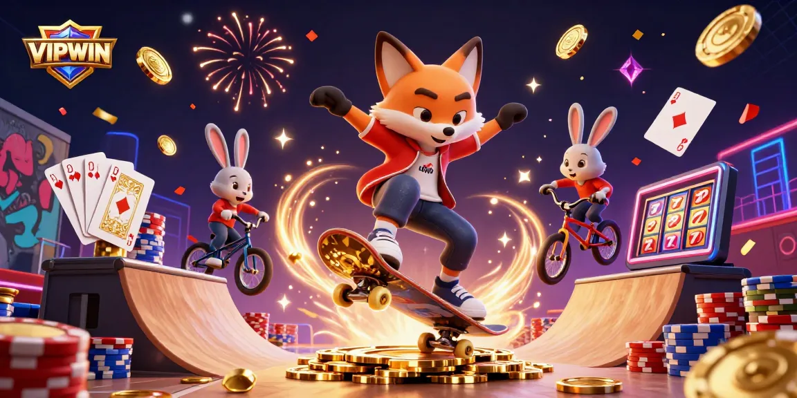 VIPWIN showcases vibrant cartoon casino scene with a fox and rabbit gaming together.