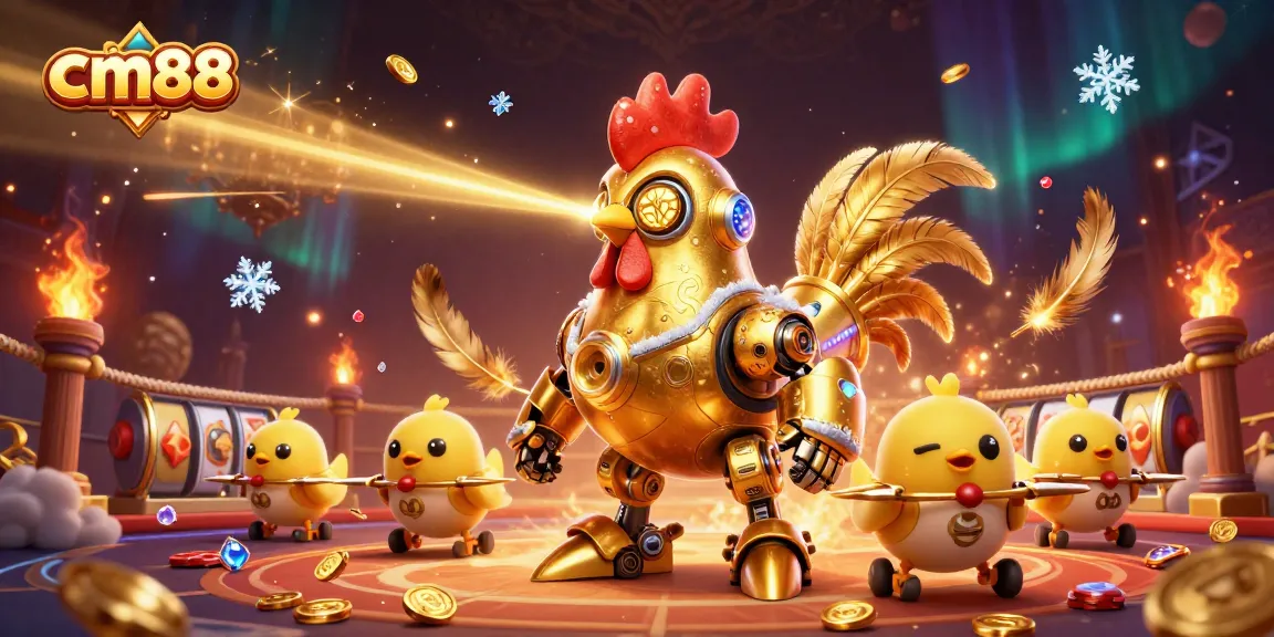 Experience exhilarating bets at cm88 with a vibrant 3D depiction of a golden rooster robot and baby chick drones.
