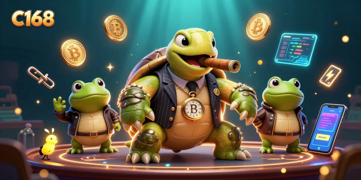 Experience C168 with a vibrant casino scene featuring a turtle mobster and frog enforcers surrounded by digital assets.