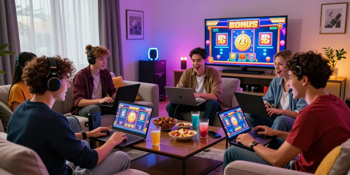 Friends enjoying a lively online gaming night focused on bonus buy slots in a cozy living room.