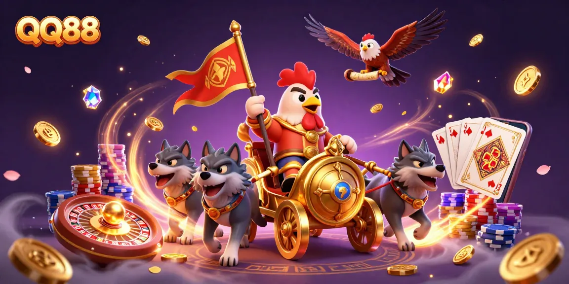 Experience thrilling wins at QQ88 as a rooster warlord leads the ultimate casino adventure!