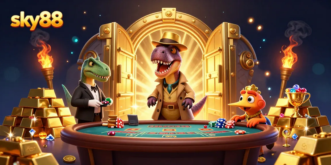 Experience the thrill of gambling with sky88's cartoon characters at a blackjack table.
