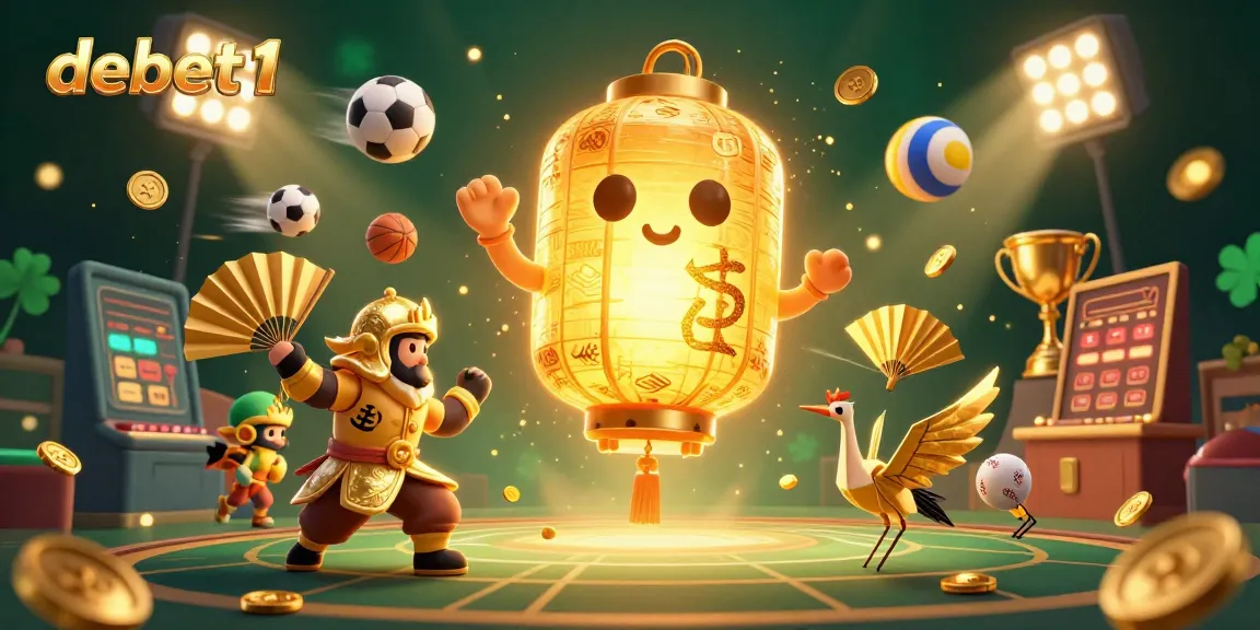 Engage in gambling excitement with debet1's vibrant 3D casino illustration featuring lucky symbols.